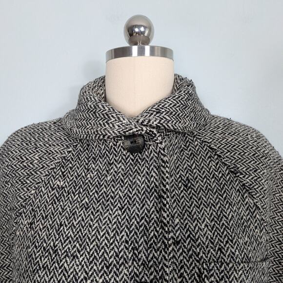Vintage Wool Blend Coat L Black Cream 80s 90s Overcoat Trench Herringbon Classic - Picture 5 of 16